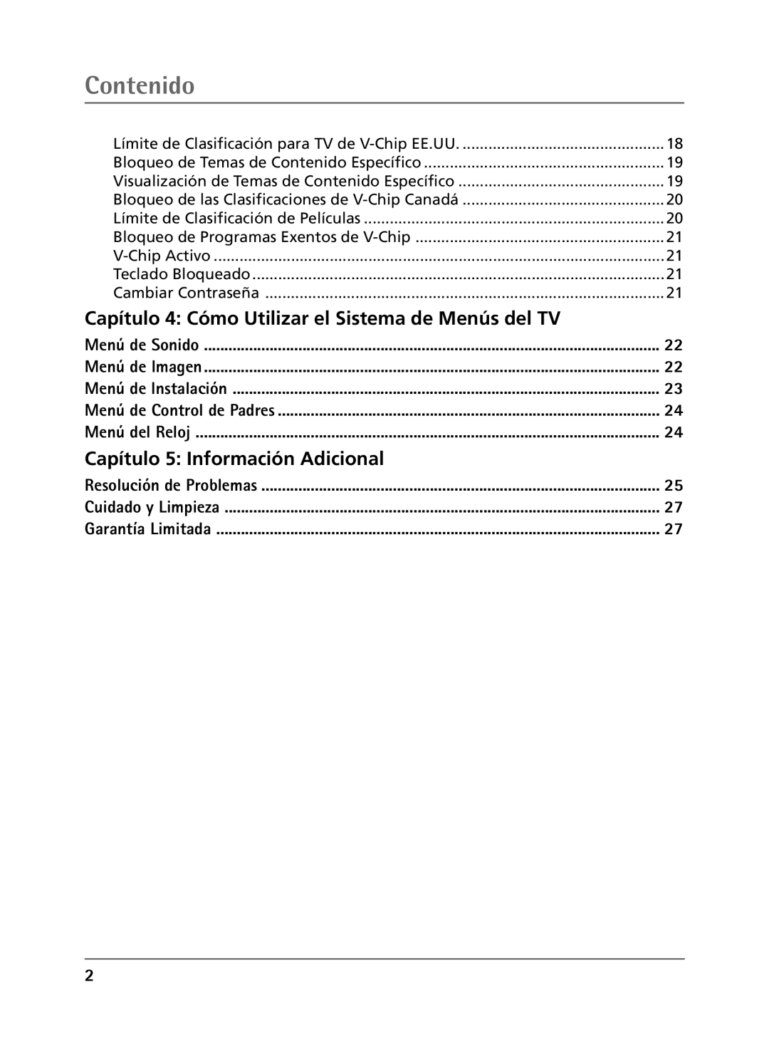 RCA 27R430T manual Contenido, Resolución de Problemas Cuidado y Limpieza Garantía Limitada 