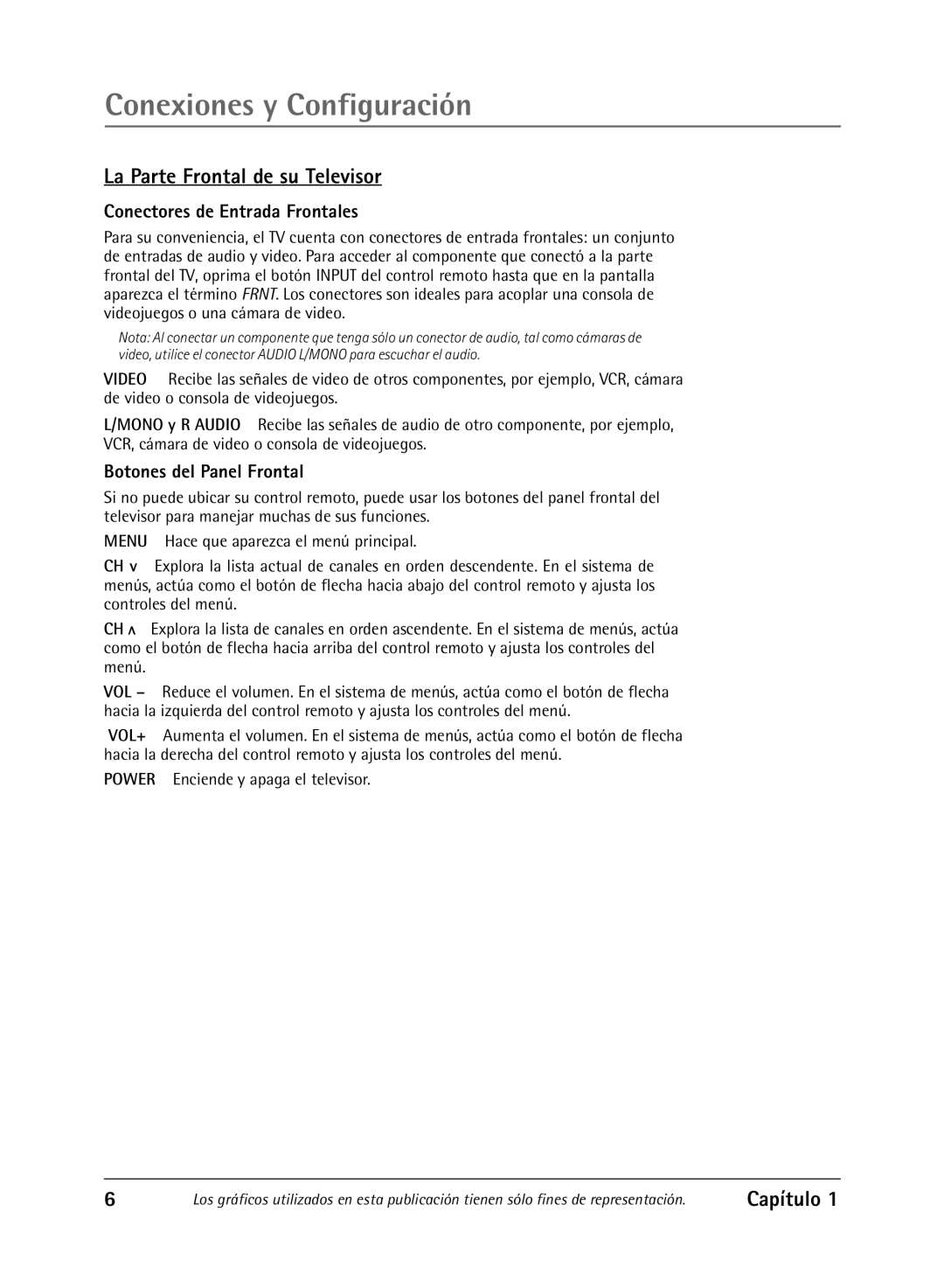 RCA 27R430T manual La Parte Frontal de su Televisor, Conectores de Entrada Frontales, Botones del Panel Frontal 