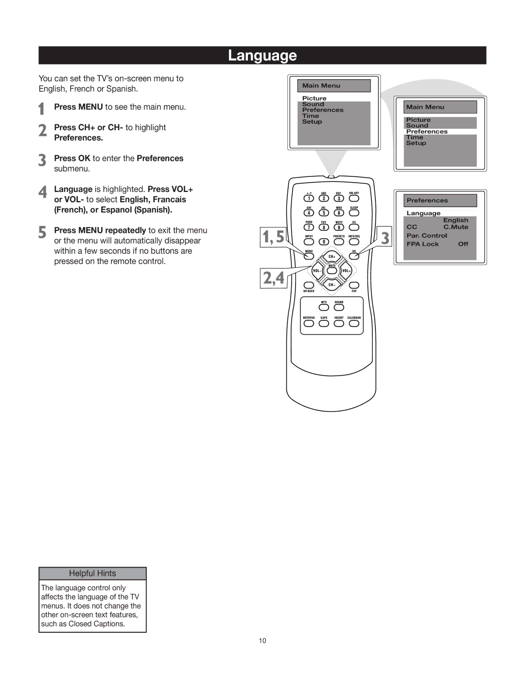 RCA 27V412T manual Language, Submenu 