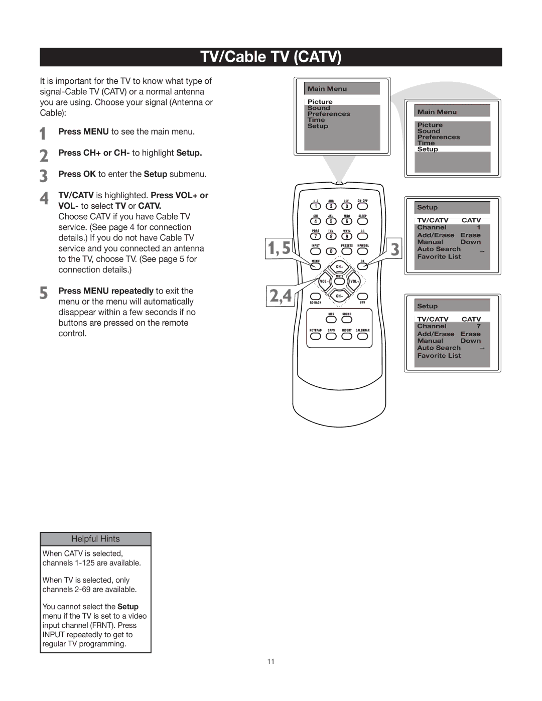 RCA 27V412T manual TV/Cable TV Catv, Press CH+ or CH- to highlight Setup 