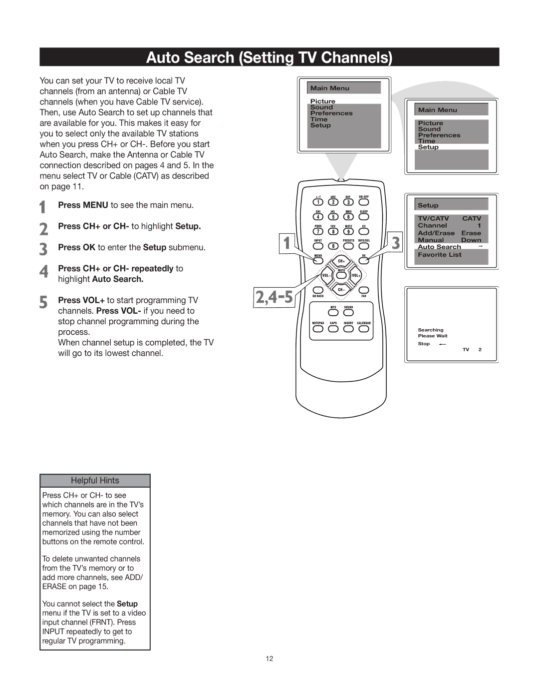 RCA 27V412T manual Auto Search Setting TV Channels, Press CH+ or CH- repeatedly to highlight Auto Search 