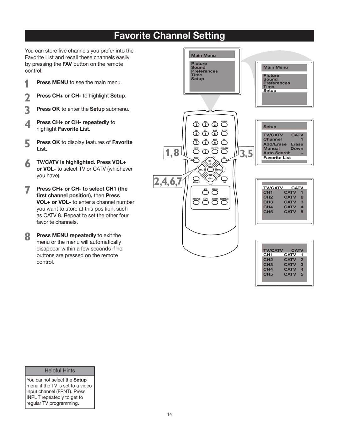 RCA 27V412T manual Favorite Channel Setting, Press CH+ or CH- repeatedly to highlight Favorite List 