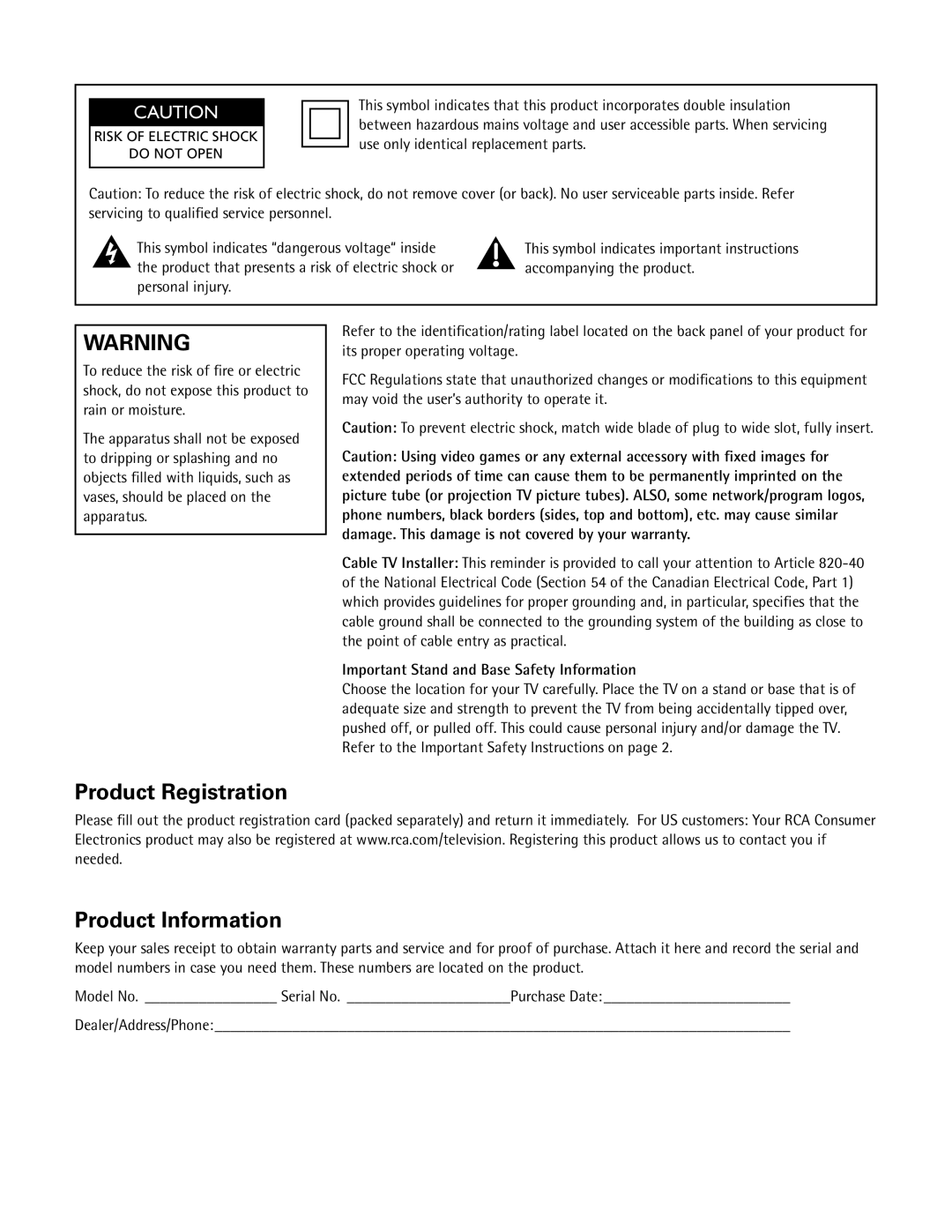 RCA 27V412T manual Product Registration, Important Stand and Base Safety Information 