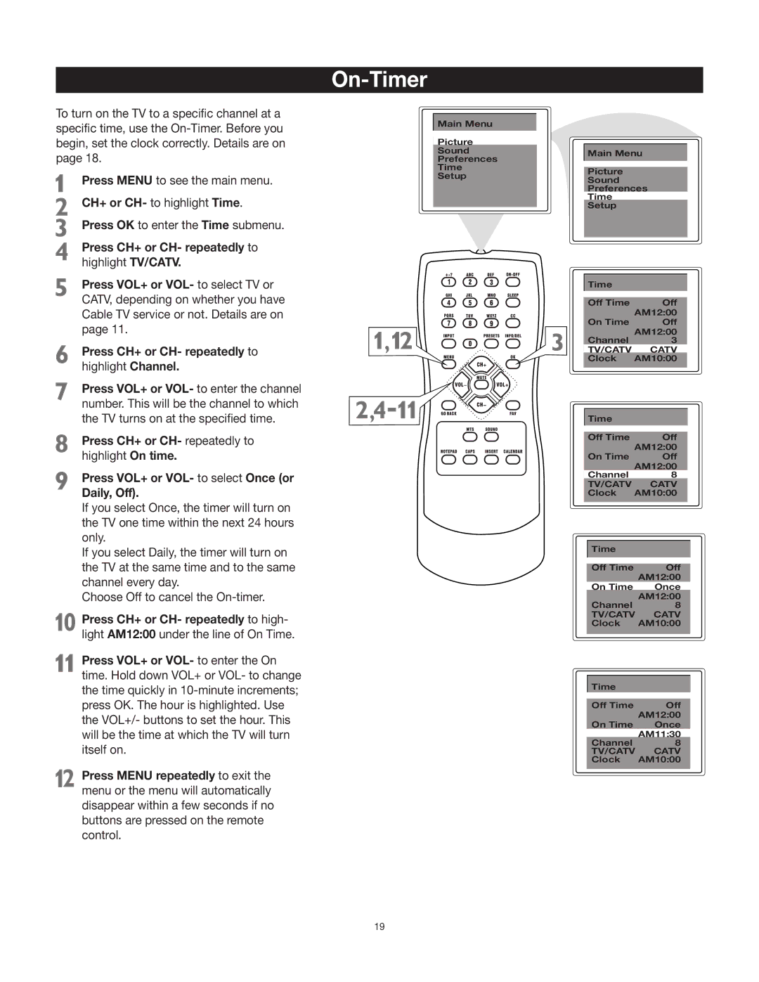 RCA 27V412T manual On-Timer, CH+ or CH- to highlight Time 