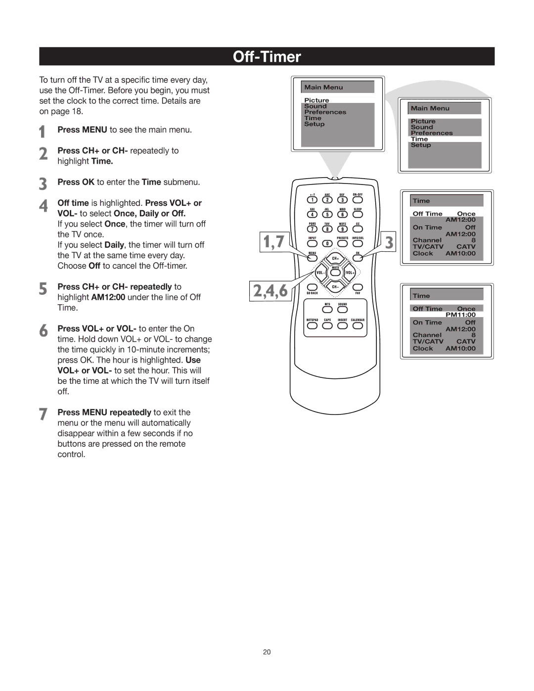 RCA 27V412T manual Off-Timer, Press CH+ or CH- repeatedly to highlight Time 