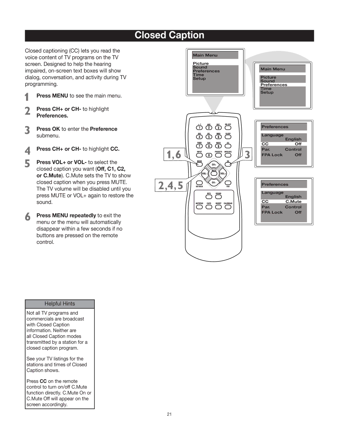 RCA 27V412T manual Closed Caption 