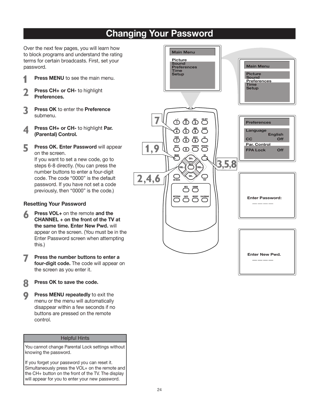 RCA 27V412T manual Changing Your Password, Resetting Your Password 