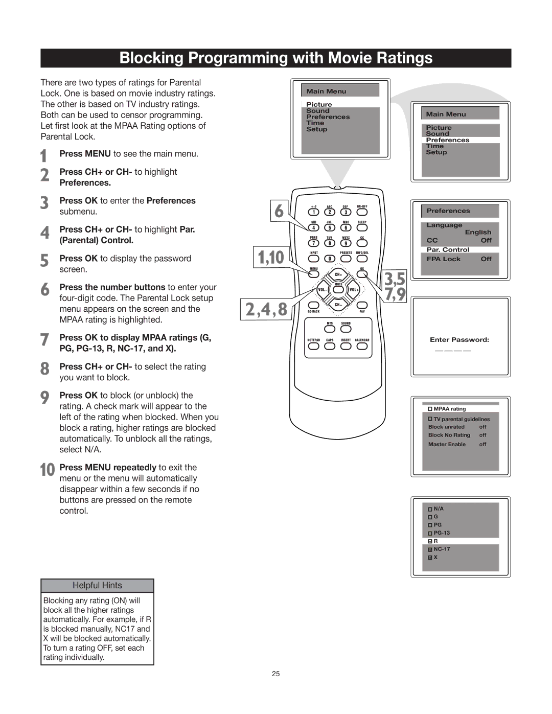 RCA 27V412T manual Blocking Programming with Movie Ratings, Press CH+ or CH- to highlight Par. Parental Control 