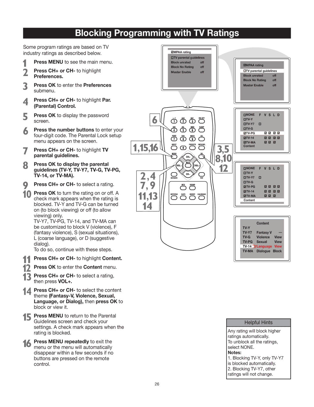 RCA 27V412T manual Blocking Programming with TV Ratings, Press CH+ or CH- to highlight Content 