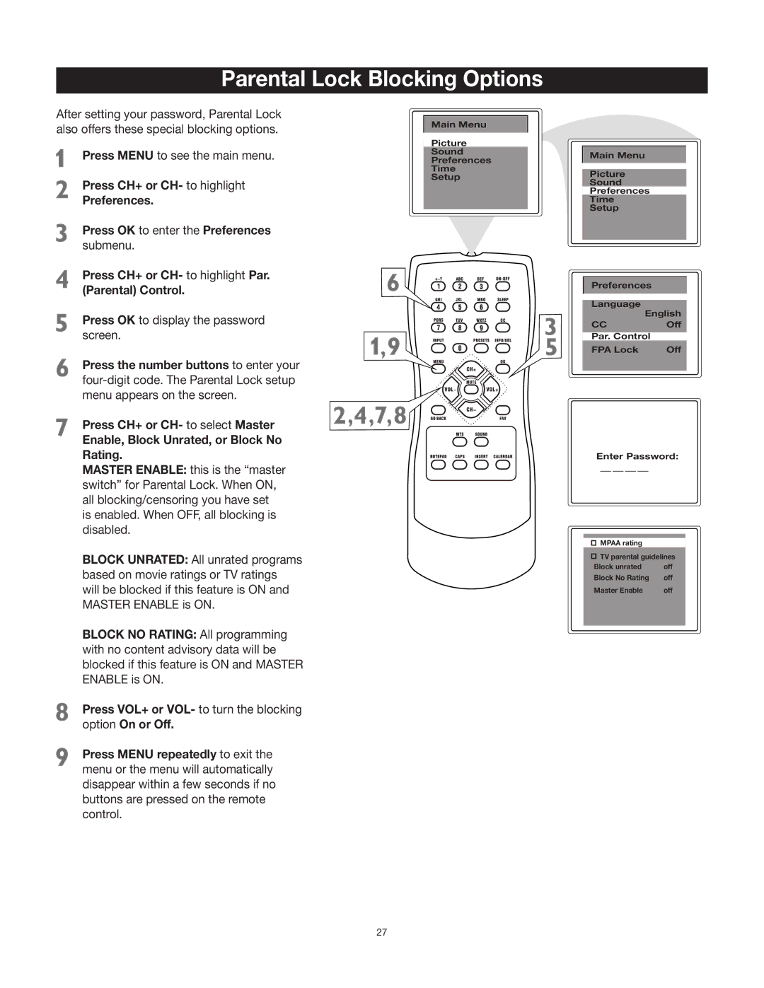 RCA 27V412T manual Parental Lock Blocking Options 