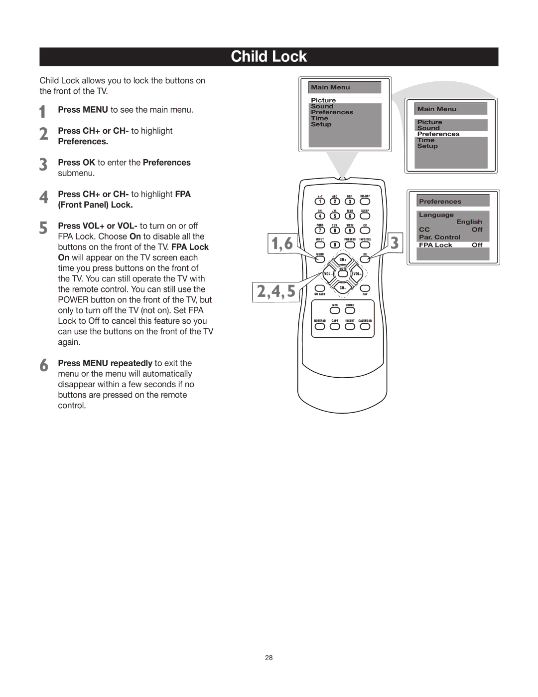 RCA 27V412T manual Child Lock 