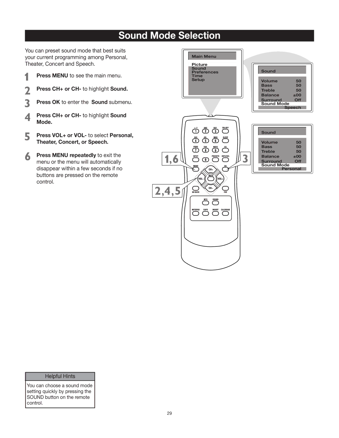 RCA 27V412T manual Sound Mode Selection, Press CH+ or CH- to highlight Sound 