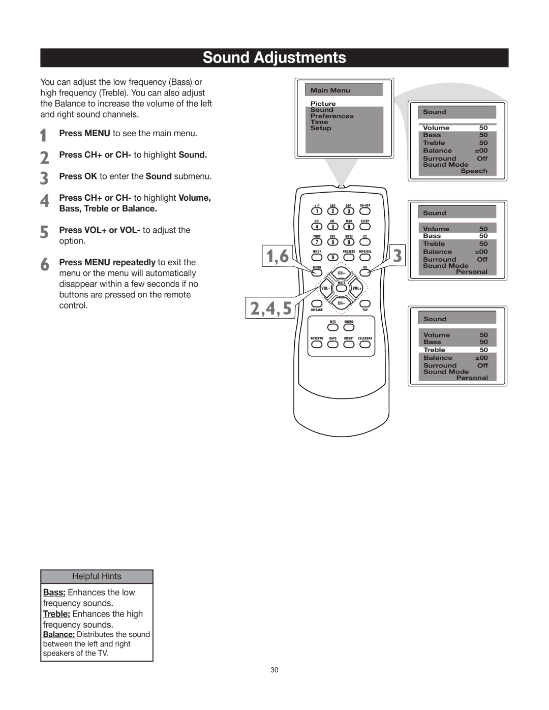 RCA 27V412T manual Sound Adjustments 