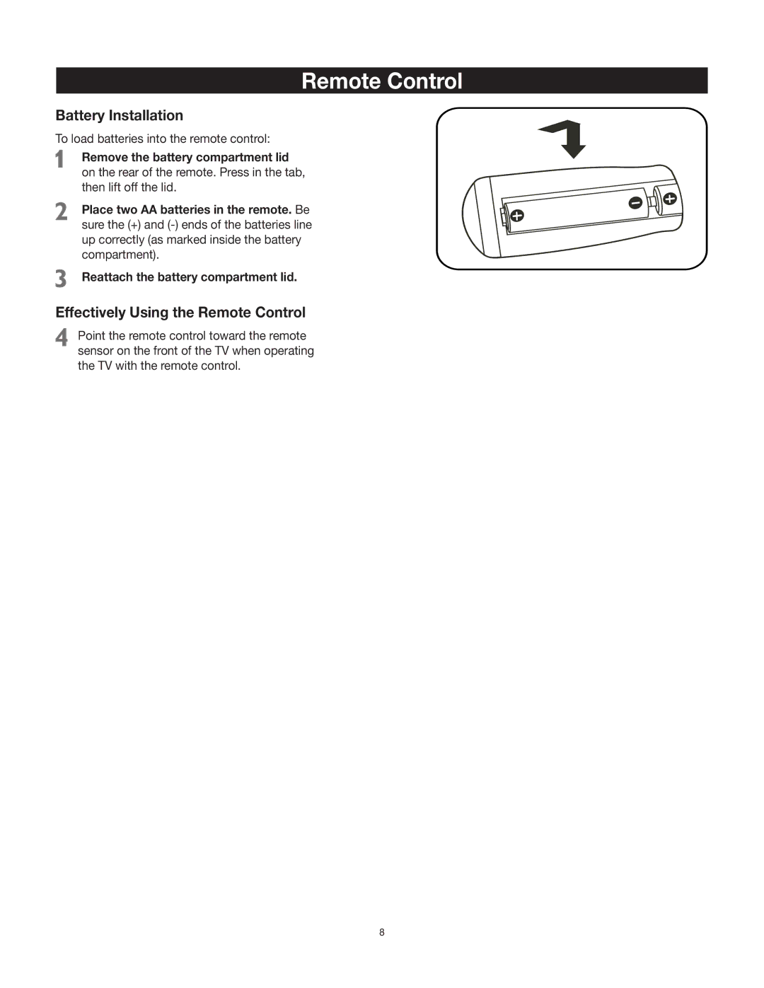 RCA 27V412T manual Remote Control, Battery Installation 