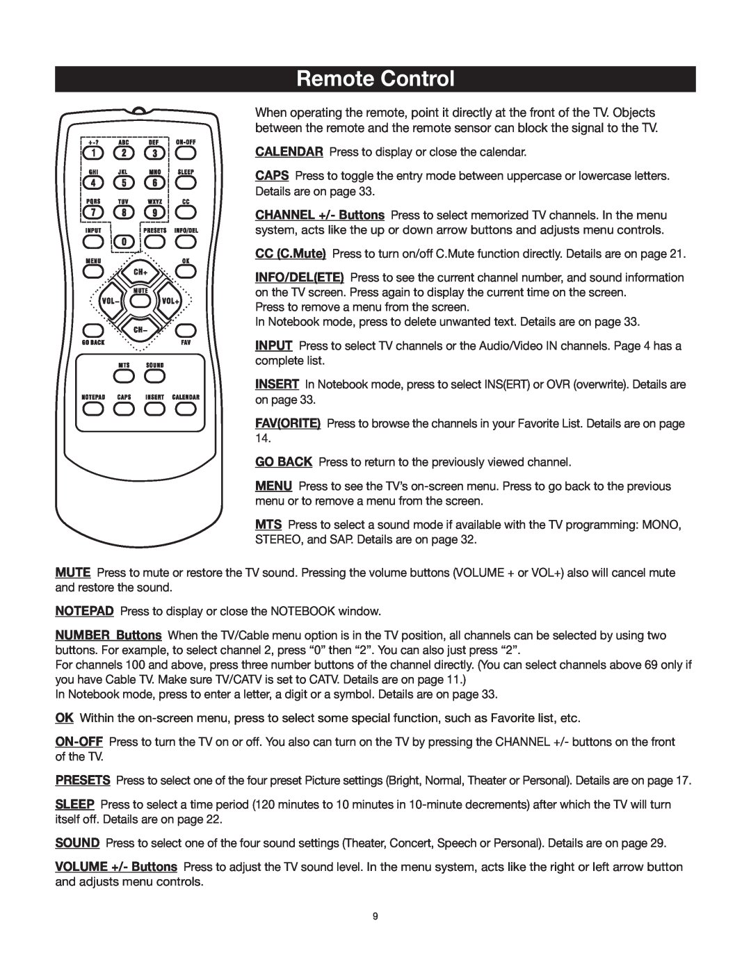 RCA 27V412T manual Remote Control, CALENDAR Press to display or close the calendar 