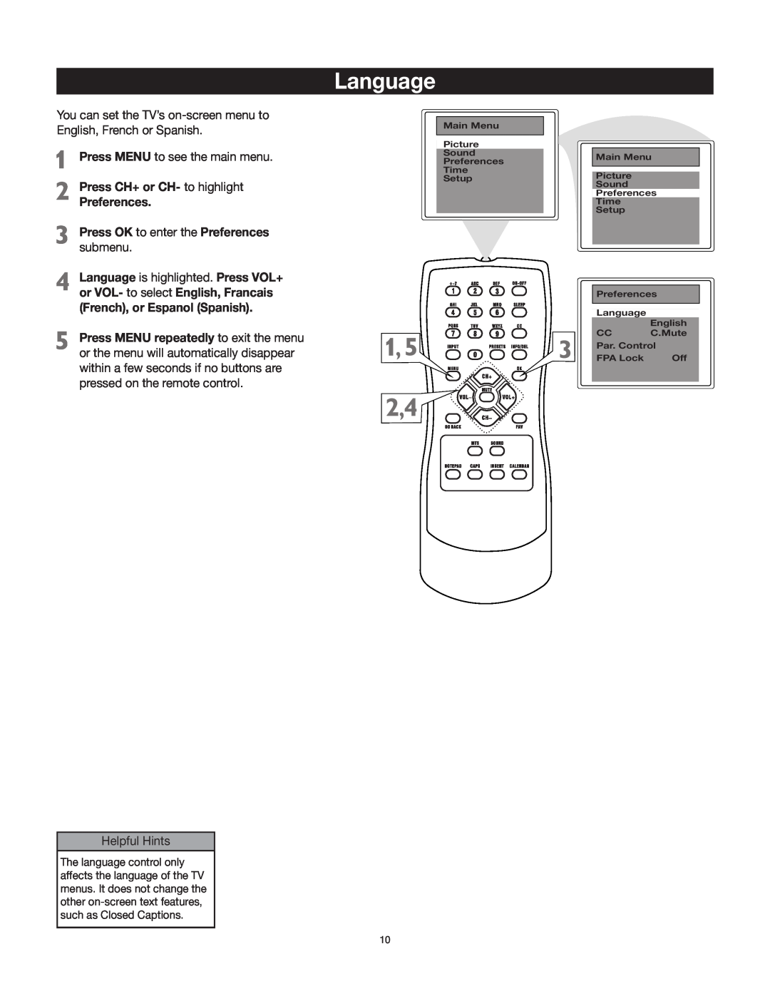 RCA 27V412T manual Language, Press CH+ or CH- to highlight Preferences, Press OK to enter the Preferences 