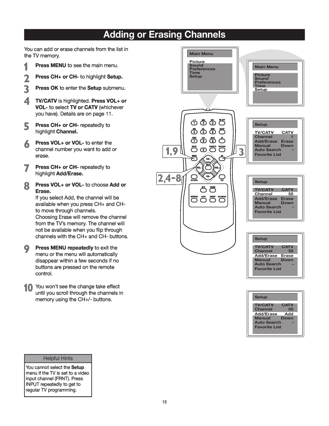 RCA 27V412T manual Adding or Erasing Channels 