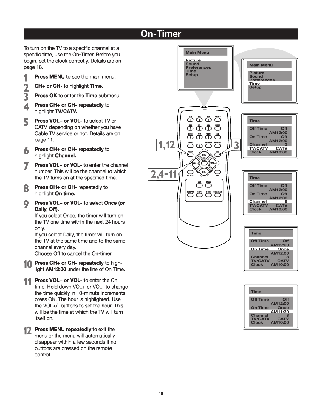 RCA 27V412T manual On-Timer 