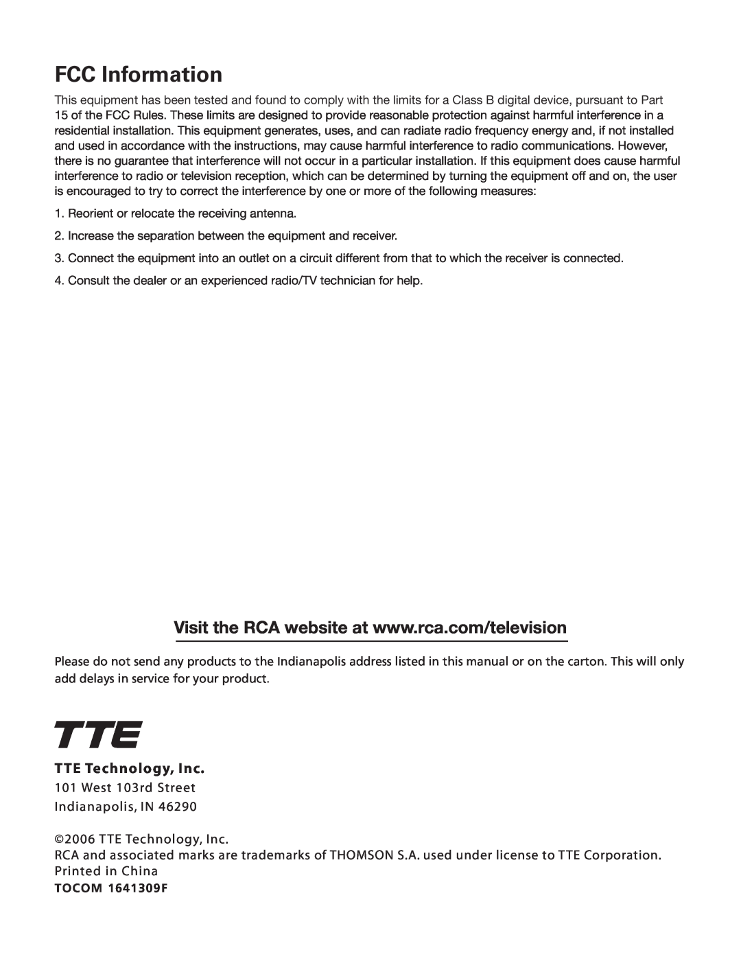 RCA 27V412T manual FCC Information, TTE Technology, Inc 