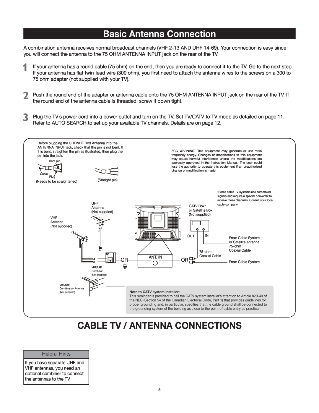 RCA 27V412T manual Basic Antenna Connection, Cable Tv / Antenna Connections 