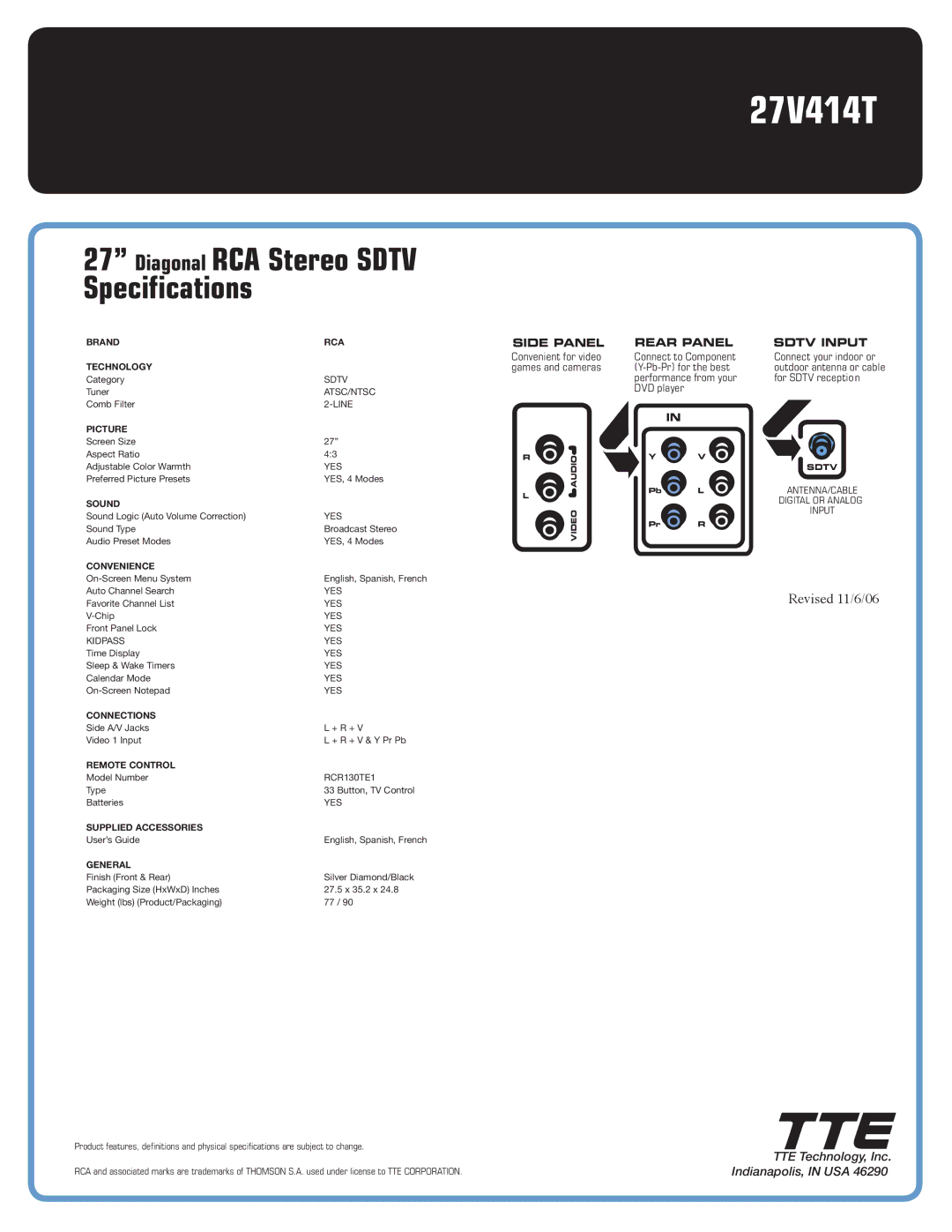 RCA 27V414T manual Diagonal RCA Stereo Sdtv Specifications, Revised 11/6/06, Side Panel, Rear Panel, Sdtv Input 