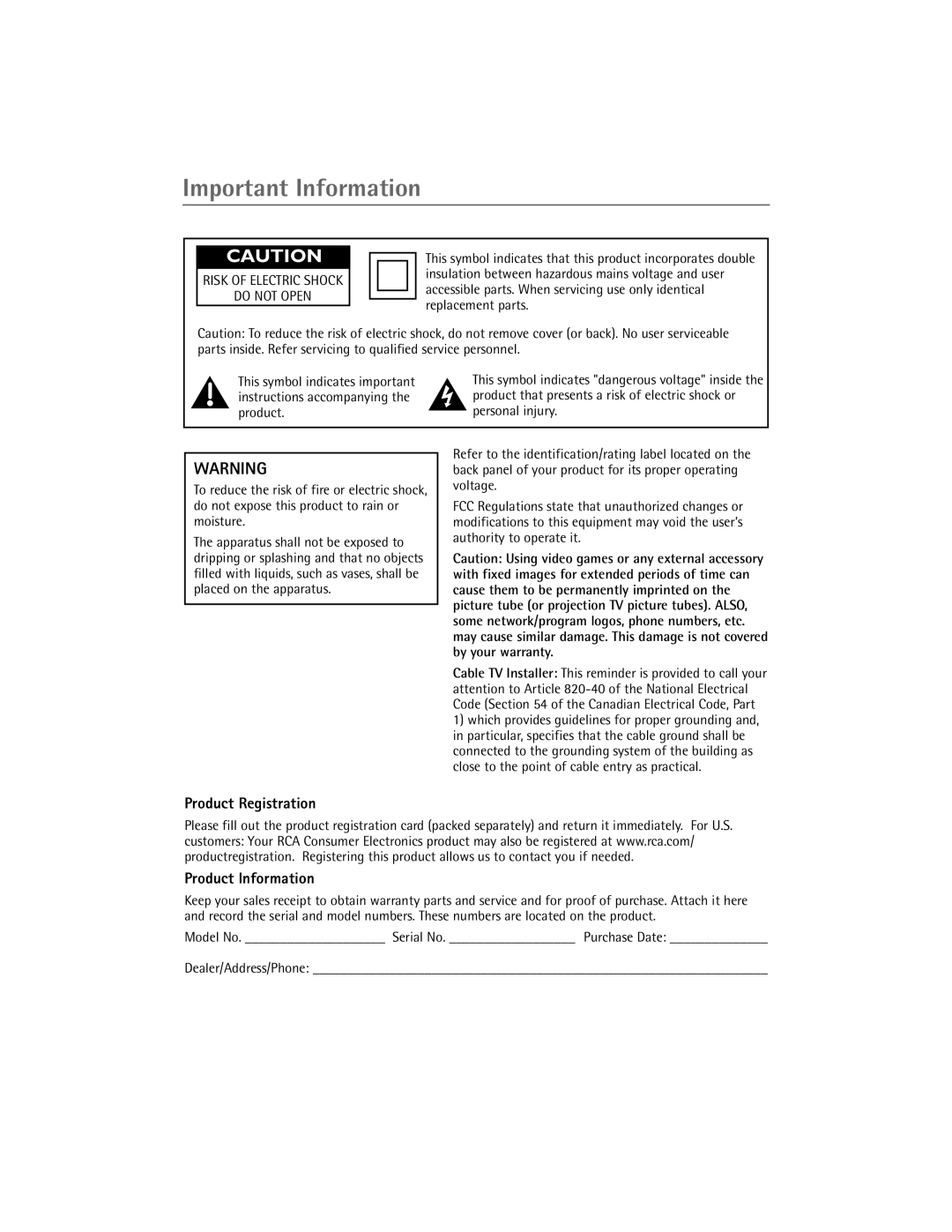 RCA 27V510T manual Important Information, Product Registration, Product Information 