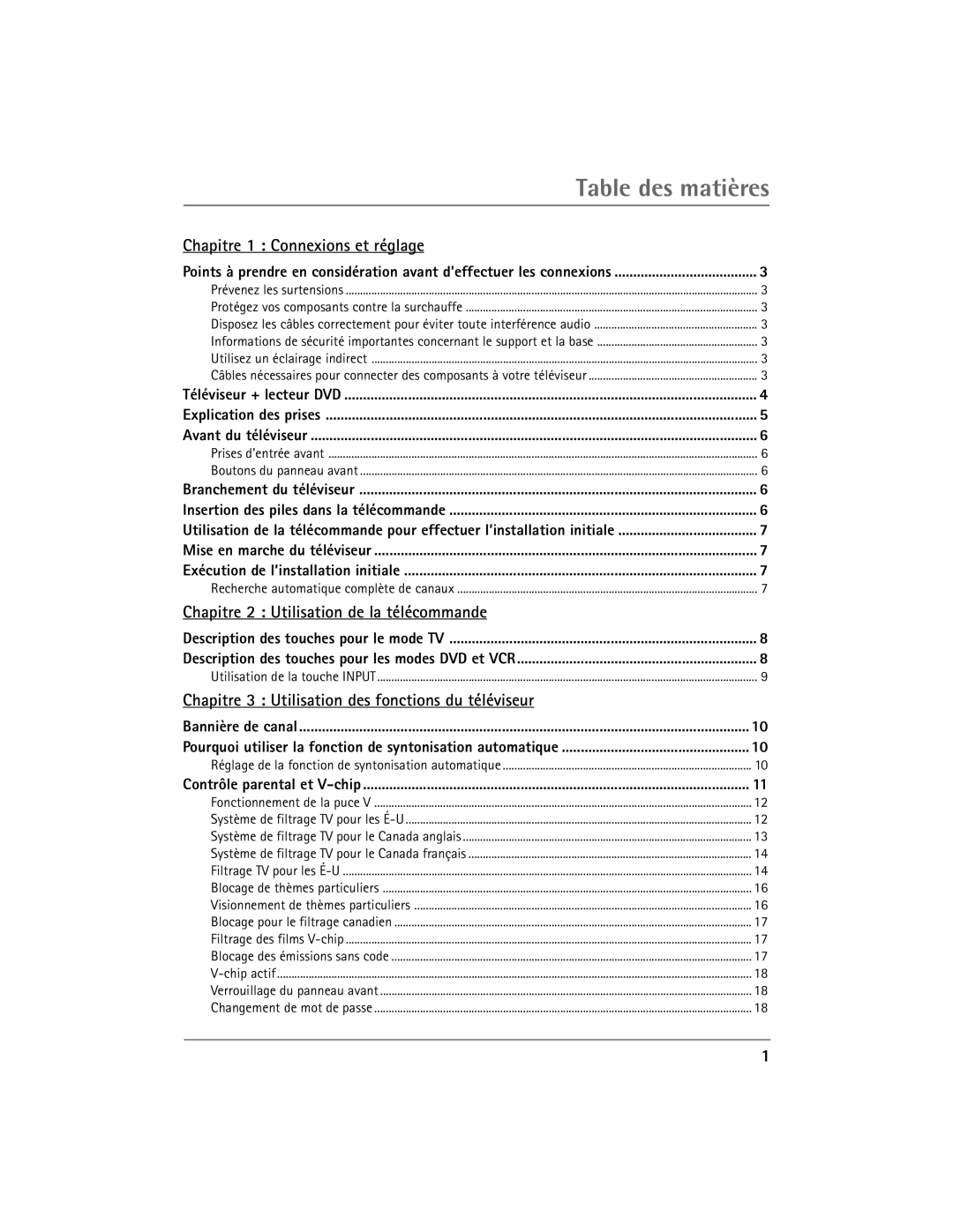 RCA 27V510T manual Chapitre 1 Connexions et rŽglage, Chapitre 2 Utilisation de la tŽlŽcommande, Contrle parental et V-chip 