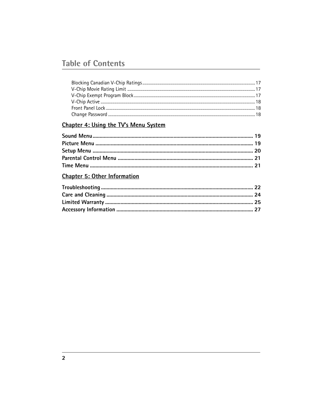 RCA 27V510T manual Table of Contents 