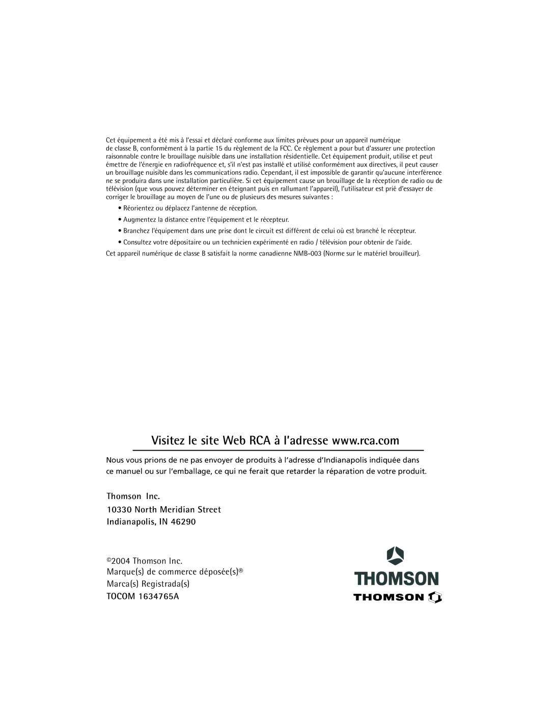 RCA 27V510T manual Thomson Inc Marques de commerce déposées Marcas Registradas 