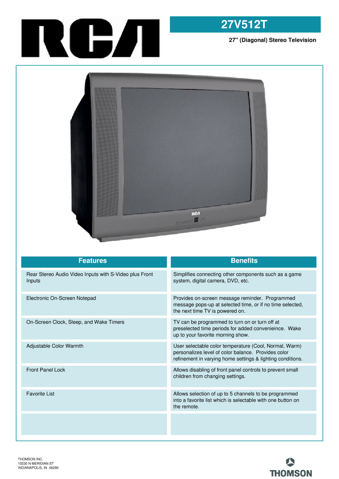 RCA 27V512T manual Features, Benefits, Diagonal Stereo Television 