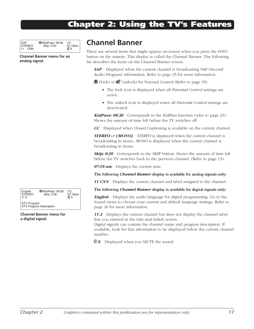 RCA 27V514T manual Using the TV’s Features, Channel Banner 