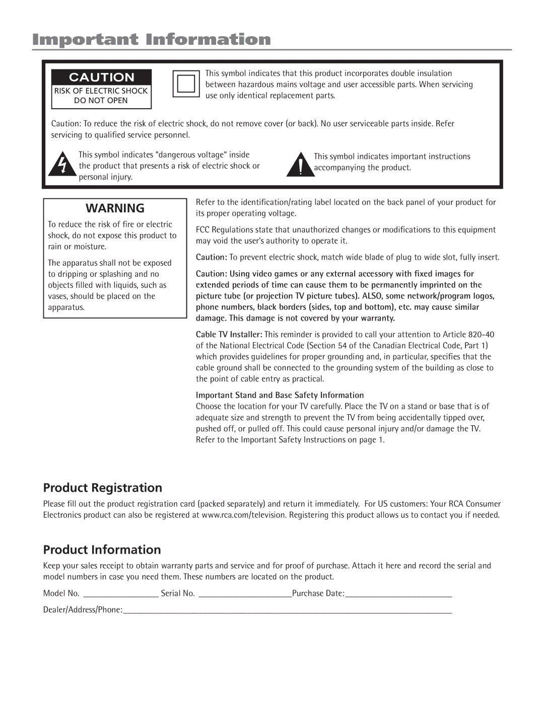 RCA 27V514T manual Important Information, Product Registration, Product Information 