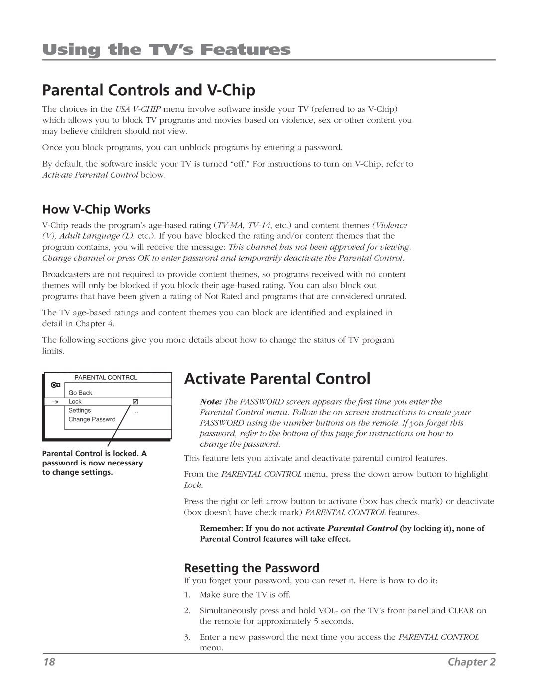 RCA 27V514T manual Using the TV’s Features, Parental Controls and V-Chip, Activate Parental Control, How V-Chip Works 