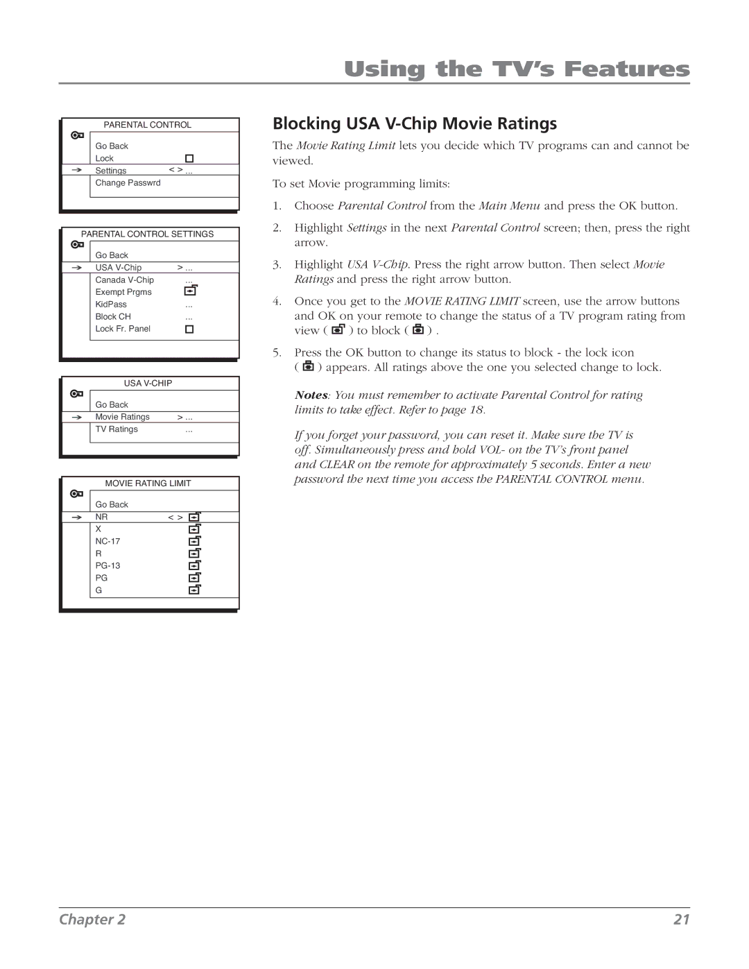 RCA 27V514T manual Blocking USA V-Chip Movie Ratings 