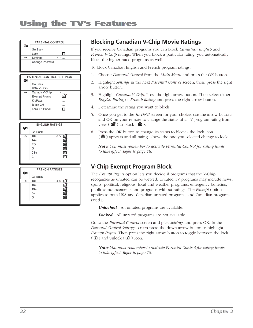 RCA 27V514T manual Blocking Canadian V-Chip Movie Ratings, Chip Exempt Program Block 