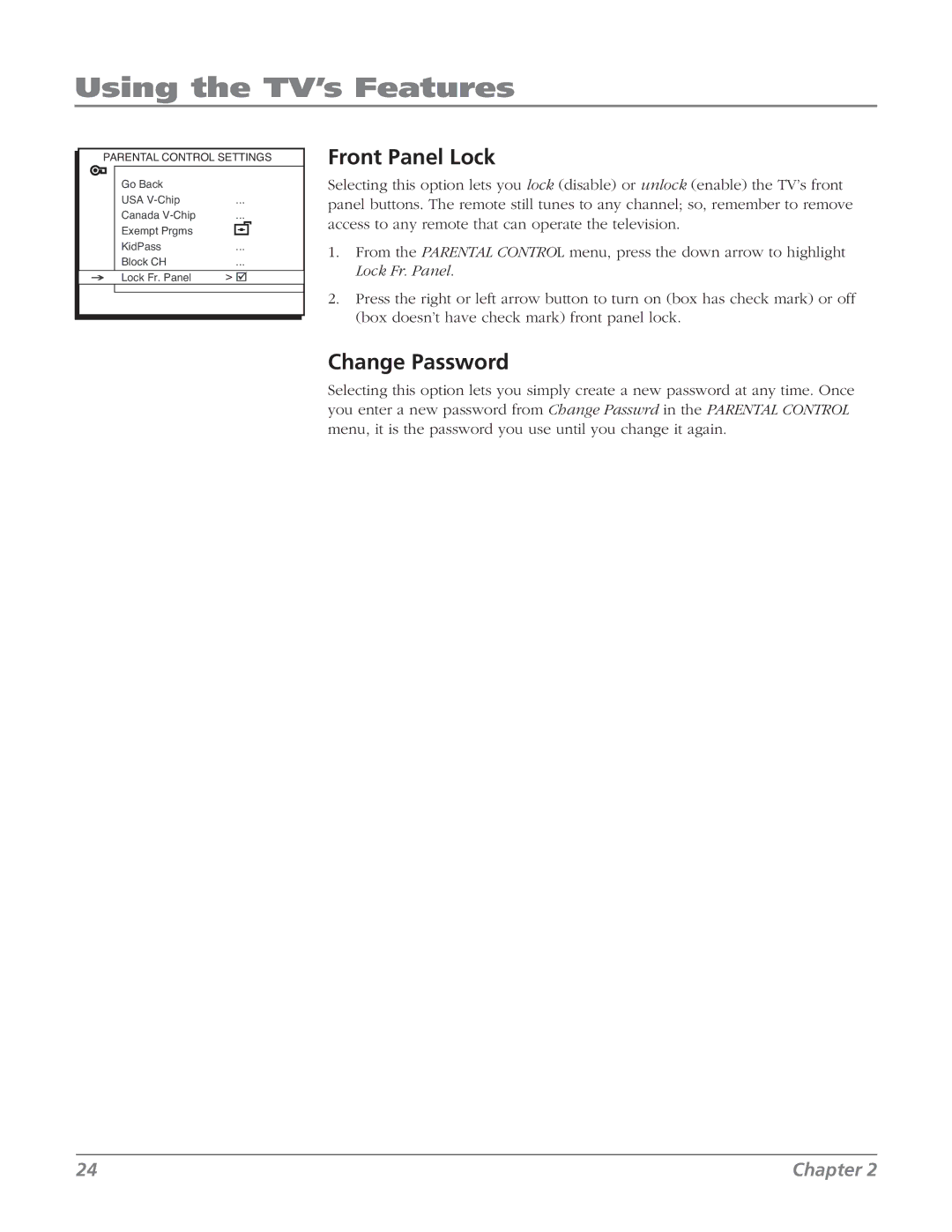 RCA 27V514T manual Front Panel Lock, Change Password 