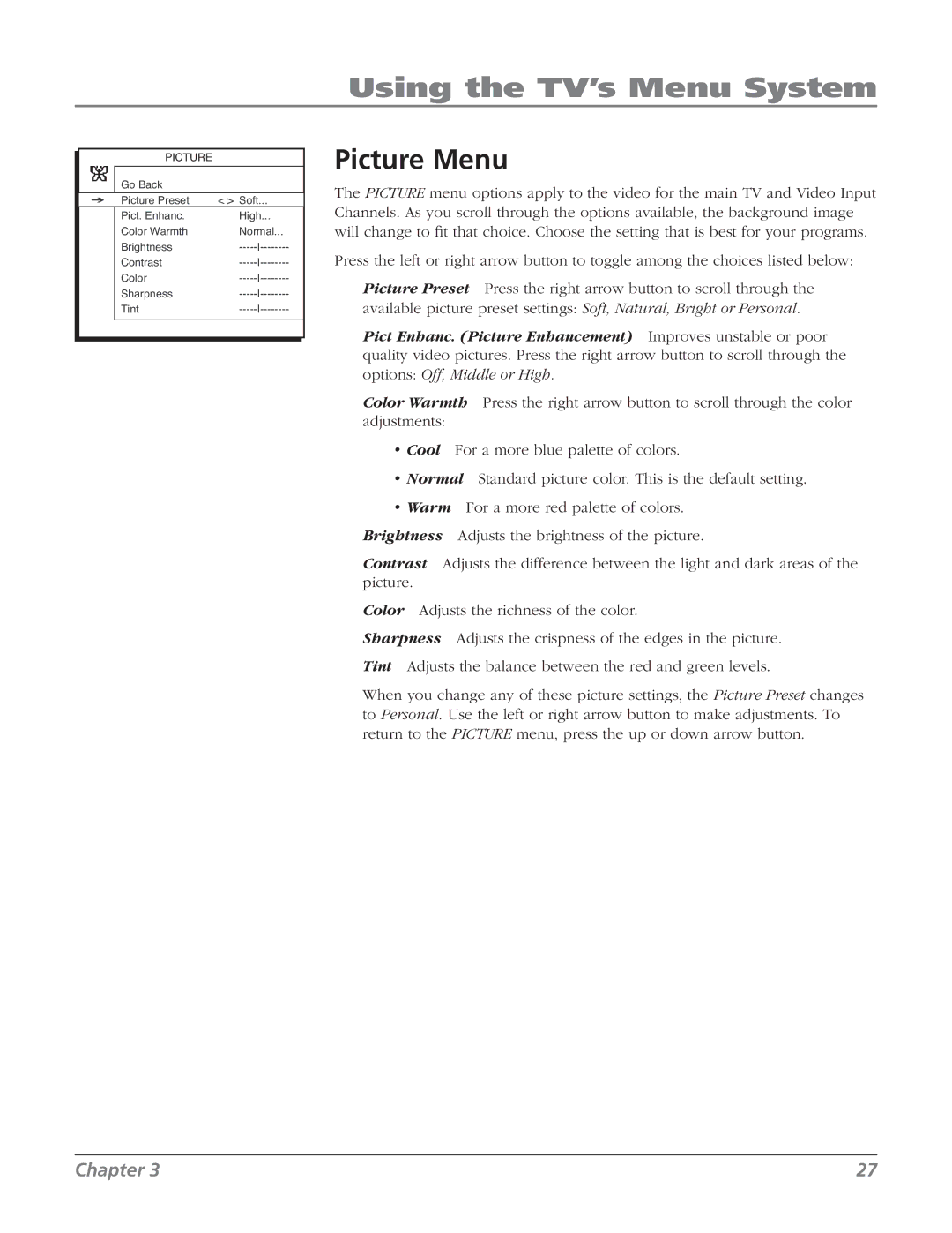 RCA 27V514T manual Picture Menu 