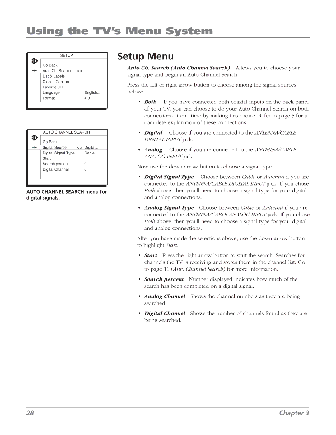 RCA 27V514T manual Setup Menu 