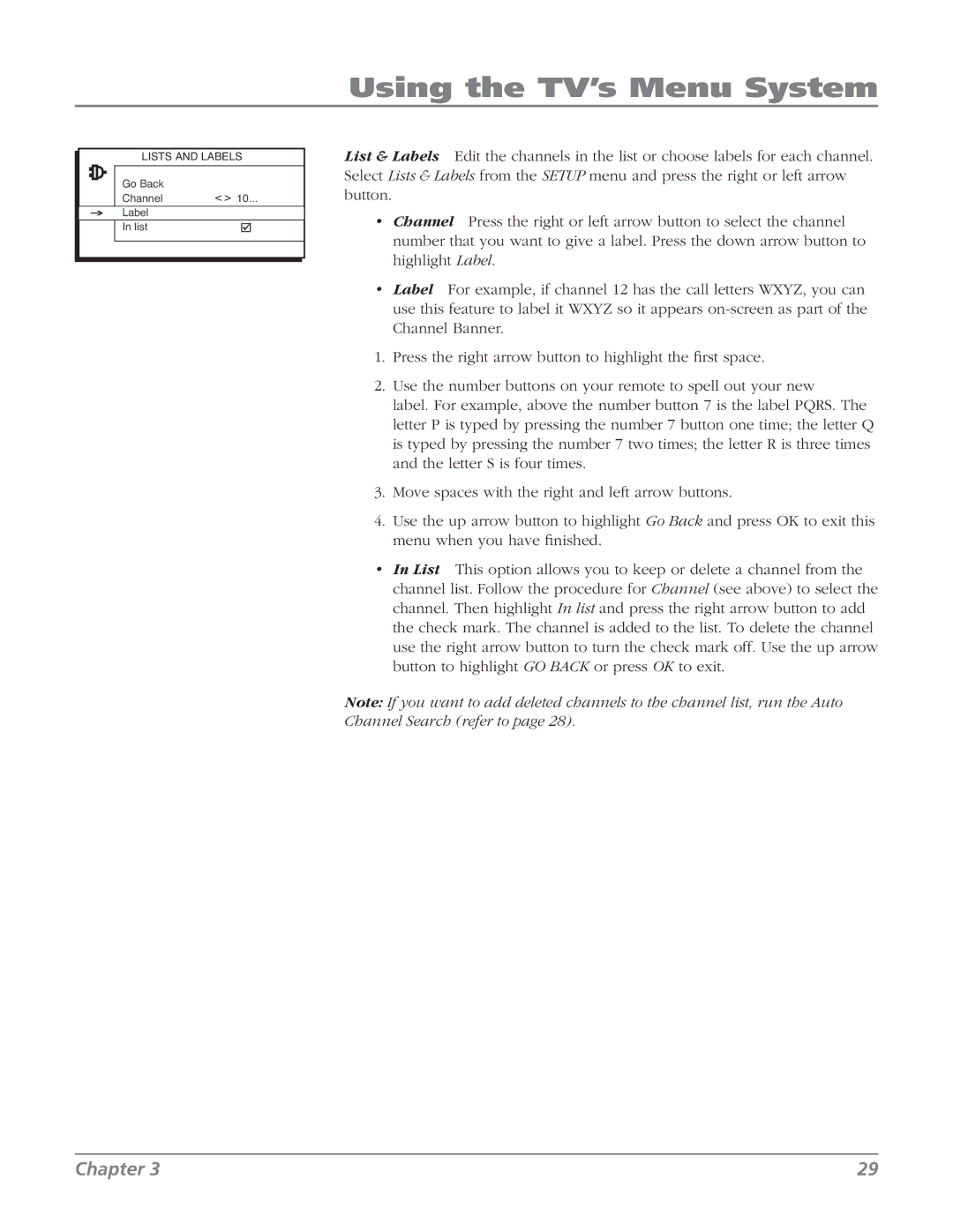 RCA 27V514T manual Lists and Labels 