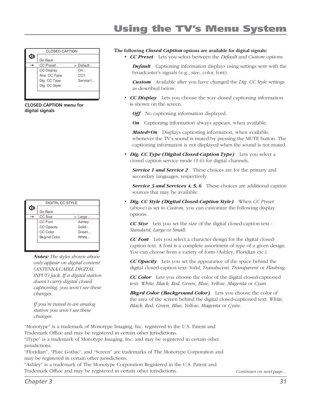 RCA 27V514T manual Closed Caption menu for digital signals 