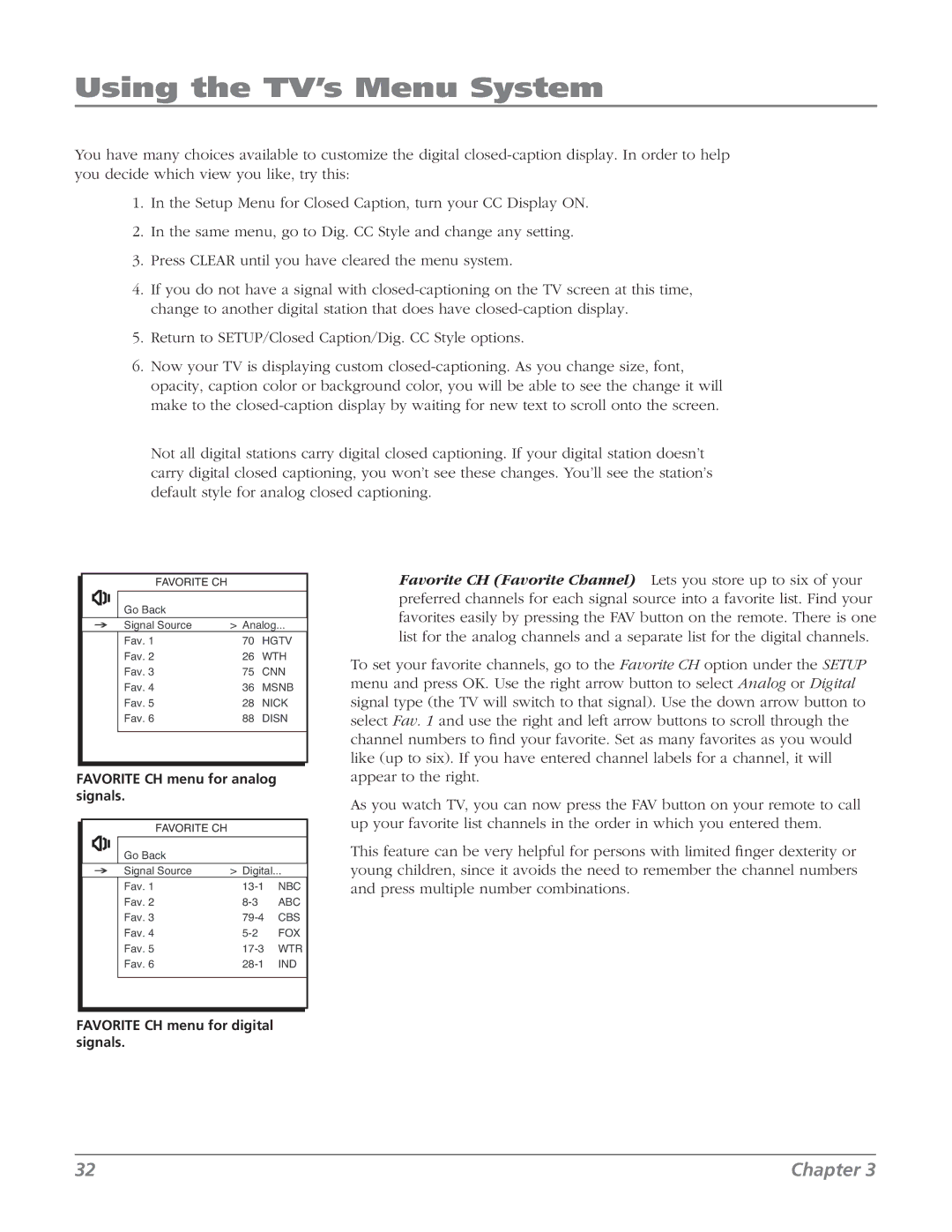 RCA 27V514T manual Favorite CH menu for digital signals 