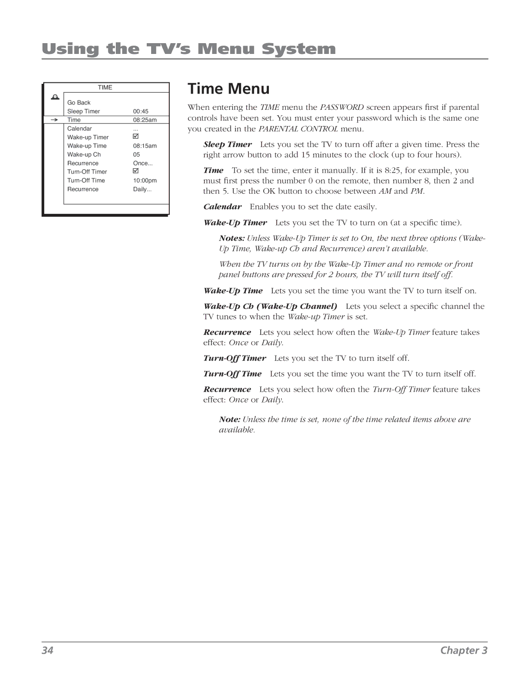 RCA 27V514T manual Time Menu 