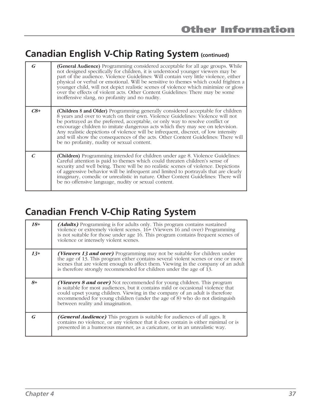 RCA 27V514T manual Other Information, Canadian French V-Chip Rating System 