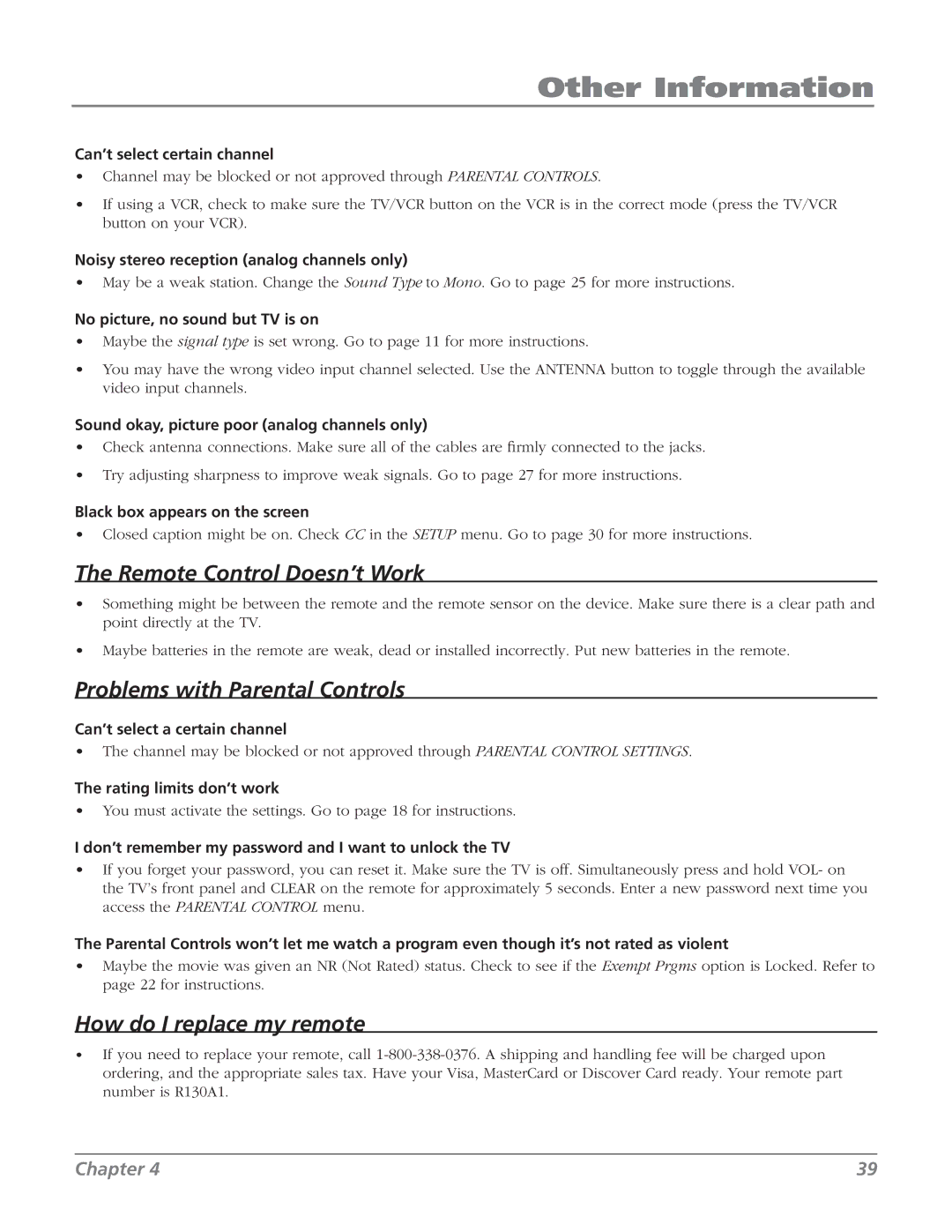 RCA 27V514T manual Remote Control Doesn’t Work 