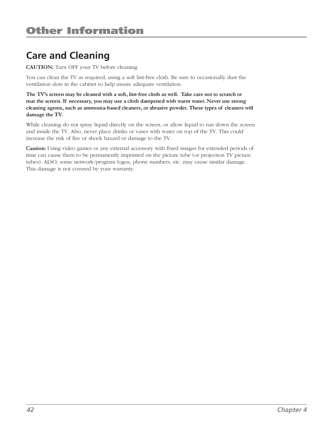 RCA 27V514T manual Care and Cleaning 