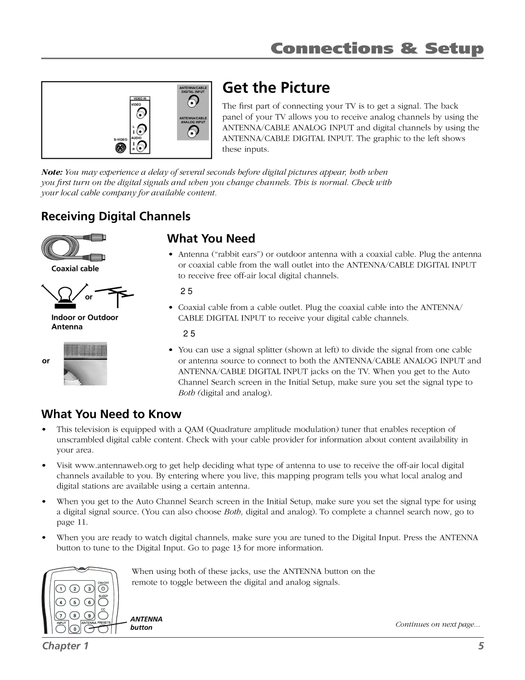 RCA 27V514T manual Connections & Setup, Get the Picture, Receiving Digital Channels, What You Need to Know 