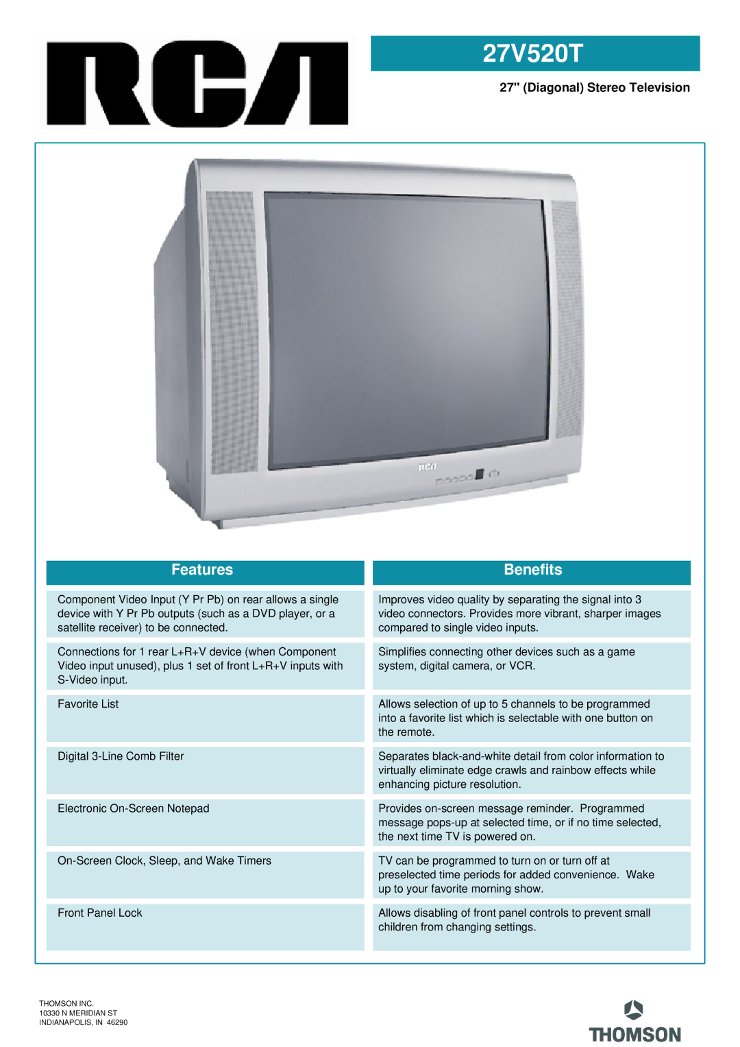 RCA 27V520T manual Features Benefits, Diagonal Stereo Television 