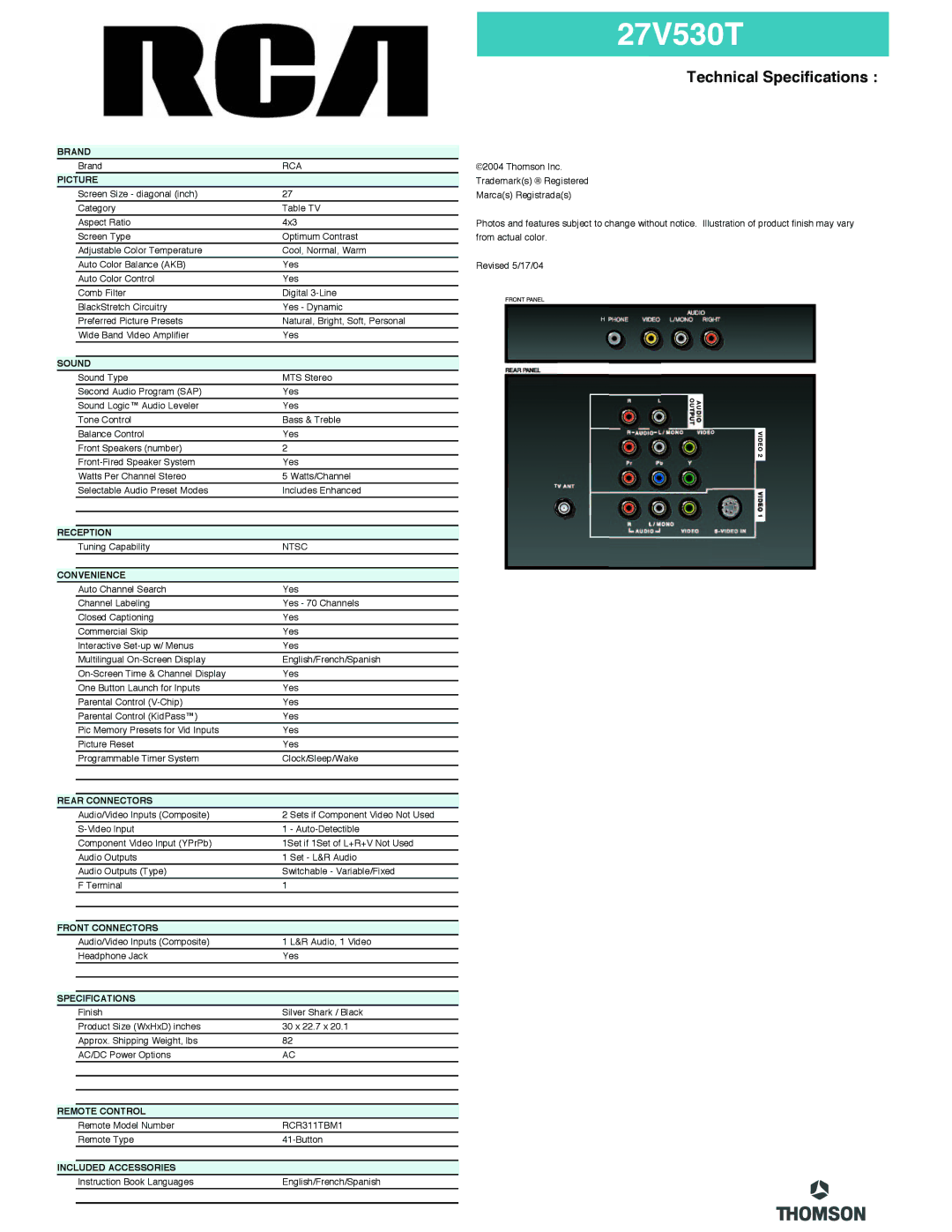 RCA 27V530T manual Technical Specifications 