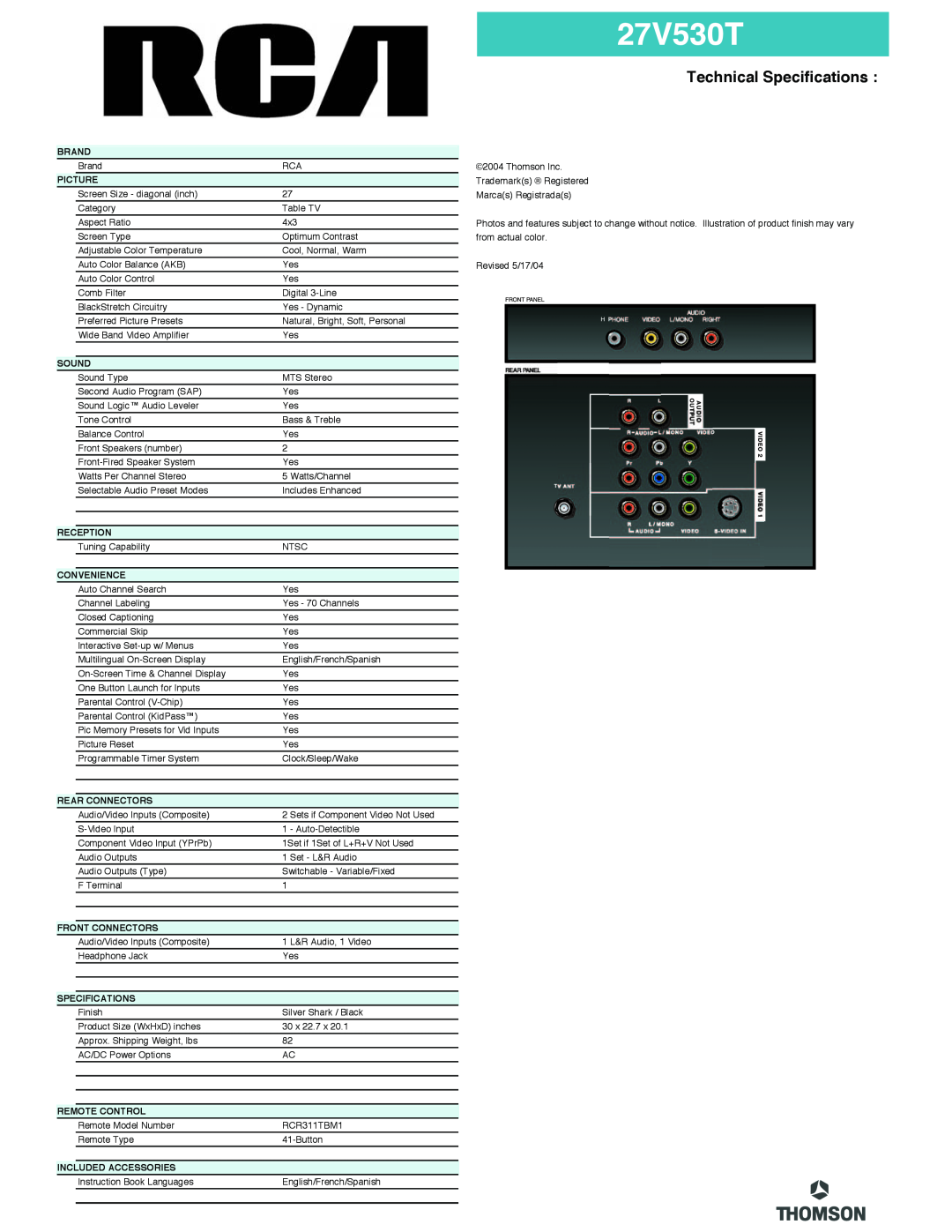 RCA 27V530T manual Technical Specifications 