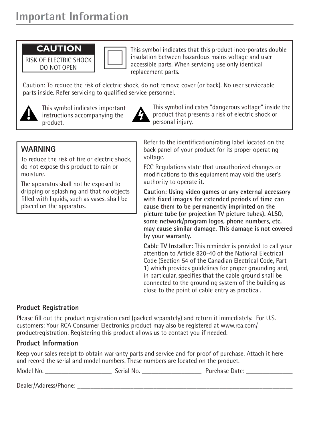 RCA 27V550T manual Important Information, Product Registration, Product Information 